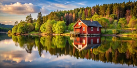 Obraz premium Rustic Red House Overlooking Serene Lake Scene , reflection, tranquil, reflection, tranquil, house, lake, landscape, wooden, peaceful