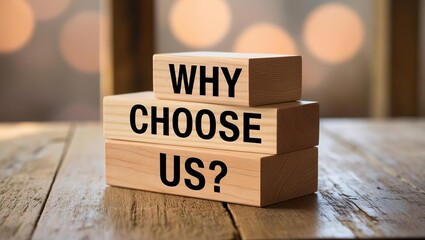 Inspiring stack of wooden blocks asking why choose us on rustic tabletop with soft natural lighting and earthy tones