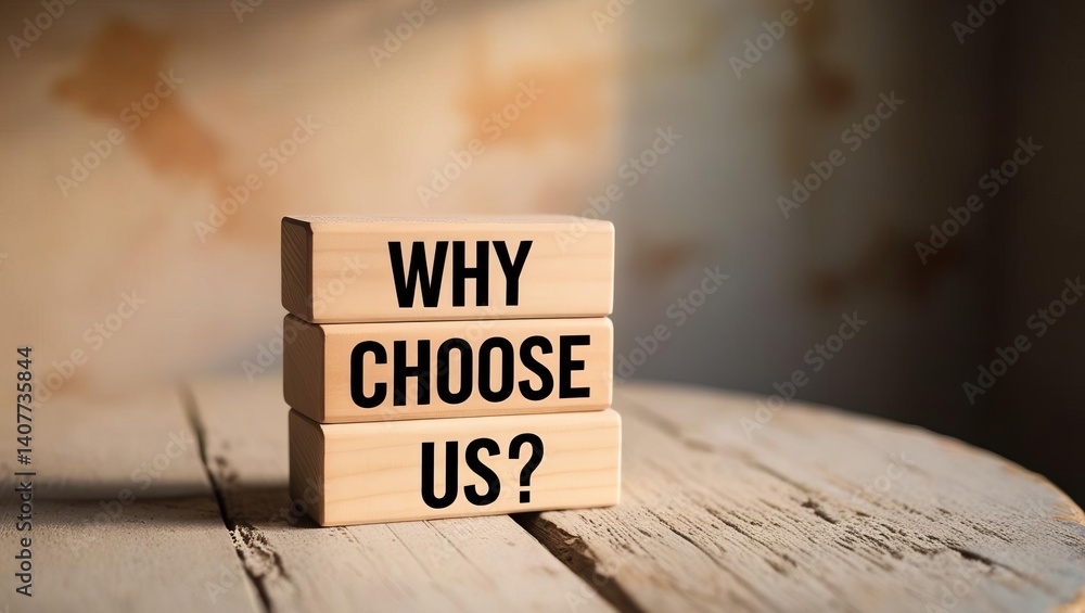 Aufkleber thoughtful wooden block asking why choose us on rustic tabletop with soft natural lighting and warm 
