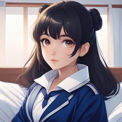 Pretty Anime School Girl Gazing Intently in Her Bedroom Vibrant Color Palette and Mangainspired Aesthetics Transmit Youthful Energetic Vibes