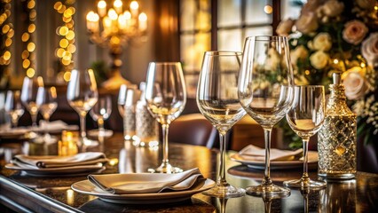 Elegant glasses sit atop a wine glass on a table