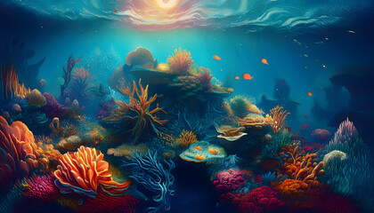 Obraz premium Vibrant underwater scene with coral reefs and colorful fish