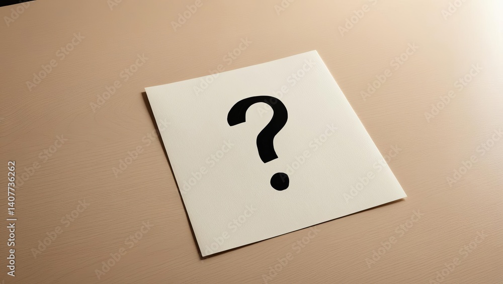 Poster question mark on a table representing decision-making uncertainty and problem-solving with copy spac