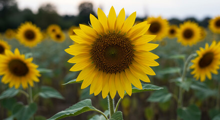 Vibrant Sunflower in a Summer Field bathed in soft natural light creating a warm and peaceful scene