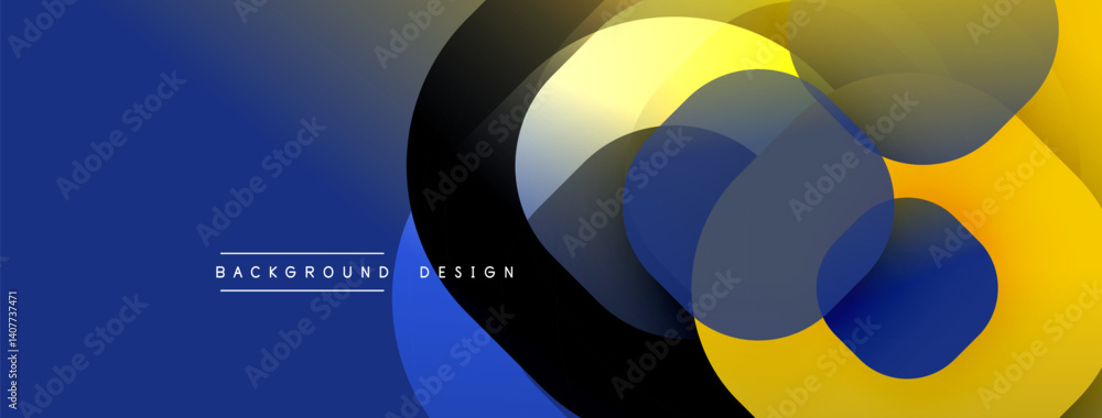 Poster Abstract design features overlapping circles. Colors include shades of blue, yellow, black. Modern aesthetic, suitable for backgrounds or digital art projects. Simple, clean composition.