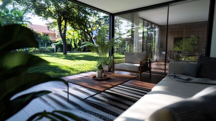 Modern patio lounge area with garden view
