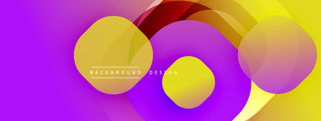 Abstract vibrant background. Overlapping circles create dynamic composition. Gradient colorspurple, yellow, orangeoffer modern aesthetic. Minimalist design suitable for digital projects.