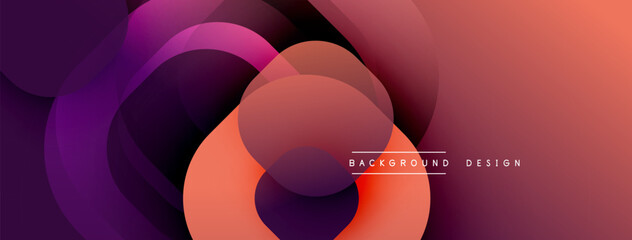 Abstract composition featuring overlapping circles. Gradient hues transition from purple, pink, orange creating dynamic visual effect. Modern design suitable for backgrounds or presentations.