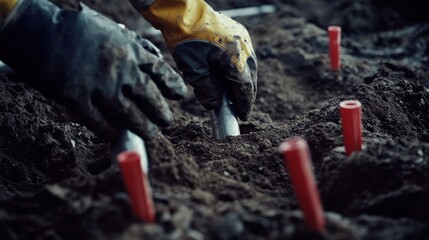 Obraz premium Trench digger carefully positioning underground pipes. Featuring precision and efficiency