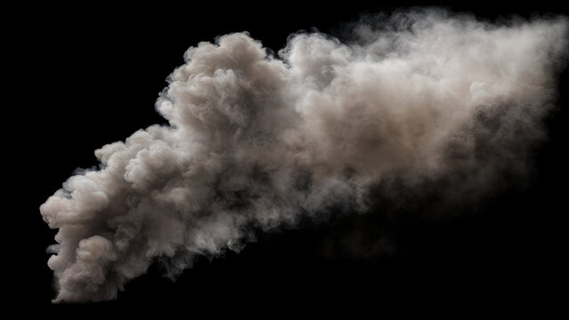 Dense and Large Plume of billowing Smoke with varying shades of gray and white spreading out on a Black Background