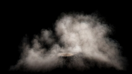 Swirling smoke-like effect spreading around a circular zone of dust particles in the center on a black background