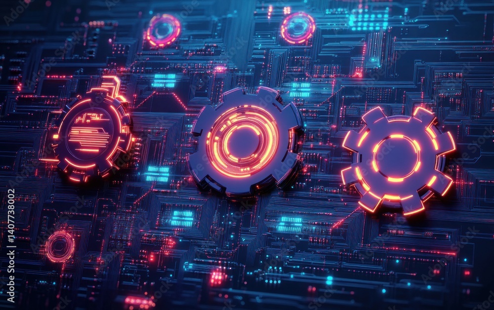 Poster futuristic cyberpunk circuit board design with neon colors and glowing lines in engineering technolo