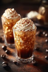 Iced Coffee with Whipped Cream in Tall Glasses