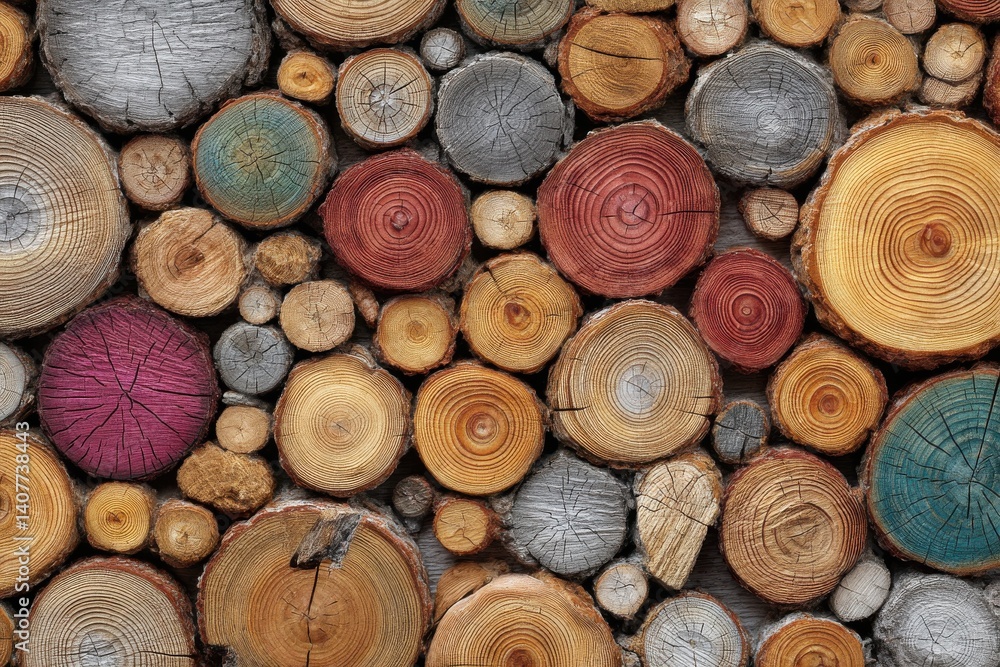Aufkleber abstract background texture of colorful tree stump cross sections, showing growth rings and natural 