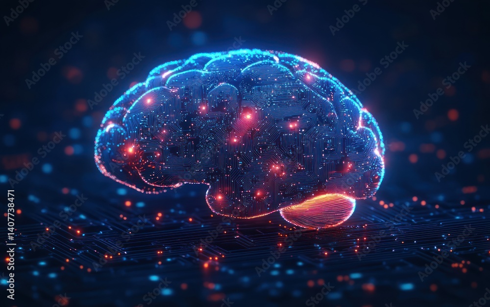 Poster futuristic digital neural network brain concept with circuit patterns and neon glow in sci-fi style