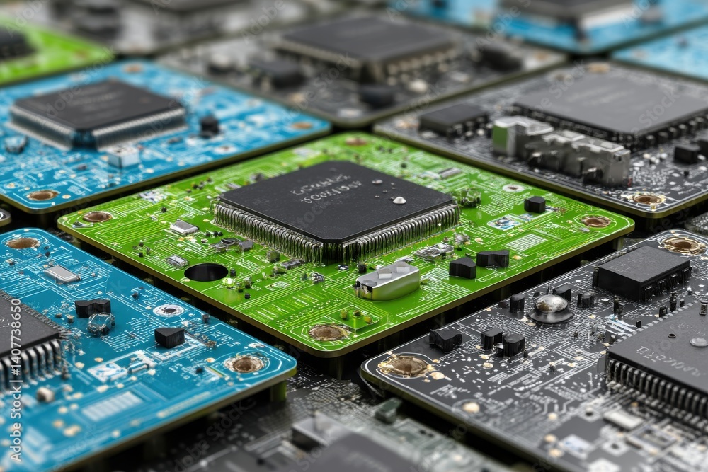 Poster macro close-up of multiple colorful computer circuit boards with integrated chips, showcasing intric