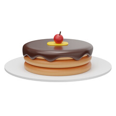 3D cartoon pancake stack with chocolate syrup, butter, and cherry on white plate, cute breakfast food icon