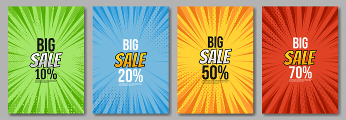Set of sale poster. Retro comic style design for poster, flyer, booklet. Vector illustration.