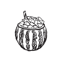 Watermelon summer alcohol cocktail with tube n black brush stroke texture isolated on white. Hand drawn vector sketch illustration in vintage charcoal ink. Summer clothes print, menu design