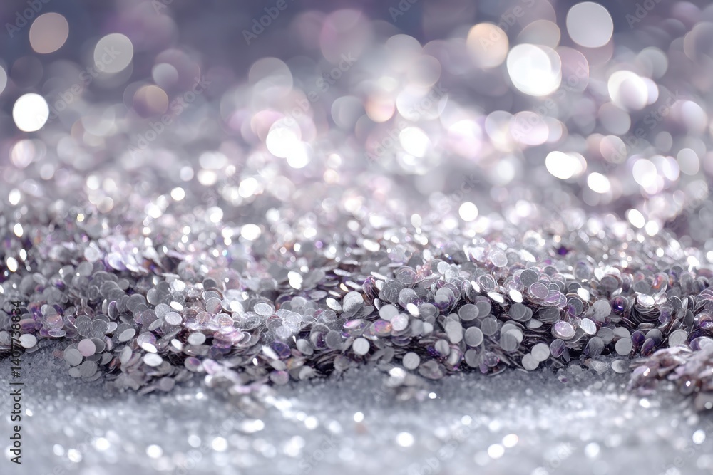 Poster a dazzling close-up of sparkling silver sequins with a soft, blurred background creating an ethereal