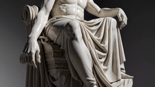 Majestic marble sculpture of a seated figure in dynamic light shifts