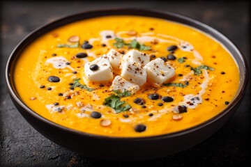 Delicious and creamy pumpkin soup garnished with herbs and cheese served in a rustic bowl