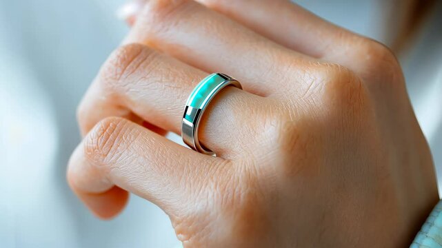 Woman showing Smart Ring, Tracker, on Counter, Heart Rate, Blood Oxygen Tracker, Health display Close-up seamless Ring. showing pulse Step finger video 4k