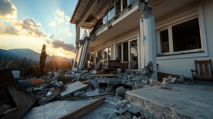 Damaged house after earthquake, sunset over destroyed patio, mountains in background. Possible use disaster, natural disaster, aftermath