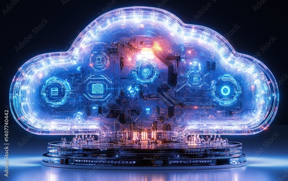 Poster futuristic cloud computing concept in cyberpunk style with neon lights and circuit patterns