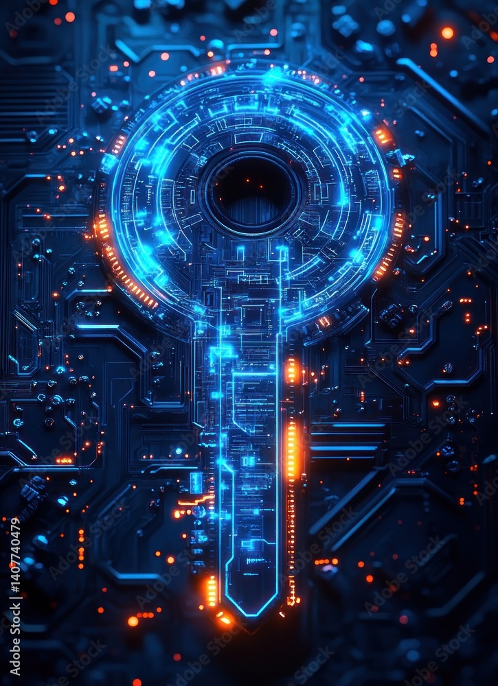 Poster cyberpunk digital key encrypted circuit patterns neon technology illustration