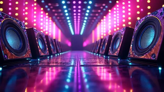 Immersive audio experience seamless loop visual journey through a dazzling speaker lined pathway
