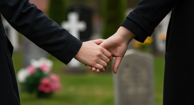 Two people holding hands expressing sorrow at a cemetery with gravestones in the background