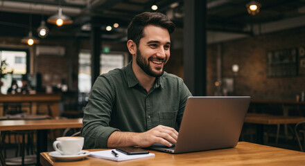 Happy man working on laptop in cafe smiling enjoying coffee break warm lighting cozy atmosphere