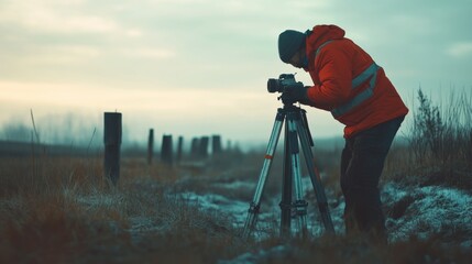 Surveyor using a total station for land measurements. Featuring accuracy and detail