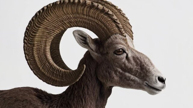 Majestic ram head turn showcasing impressive curved horns in profile view