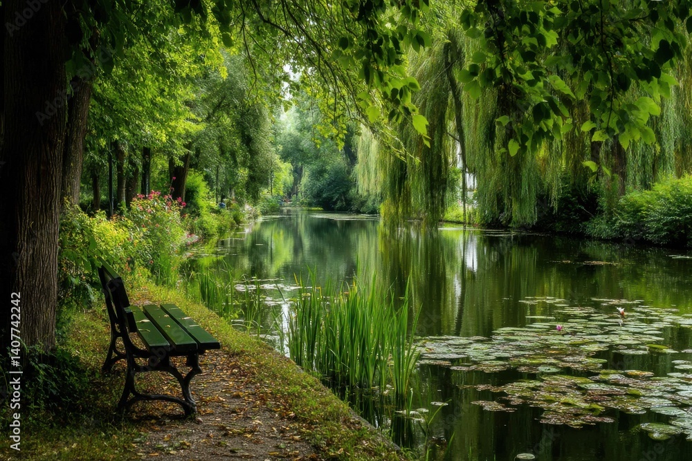 Poster a tranquil scene of a park with a green bench facing a calm river, lined with lush trees and lily pa