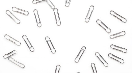 Scattered Silver Paper Clips on a White Background