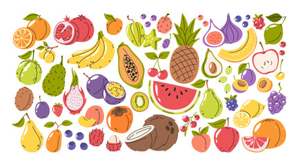 Hand drawn fruits set with variety of natural organic traditional and exotic vegetarian food