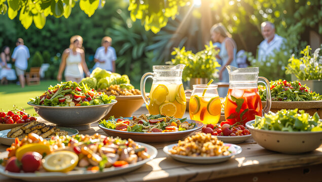 Abundant summer outdoor party buffet table with fresh food, salads, and drinks in sunny garden setting. People enjoying festive gathering. 