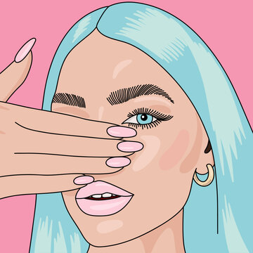 Portrait of a Girl With Blue Hair and blue Eyes, Pink Nails and Lips Covering Her Eye and Nose
