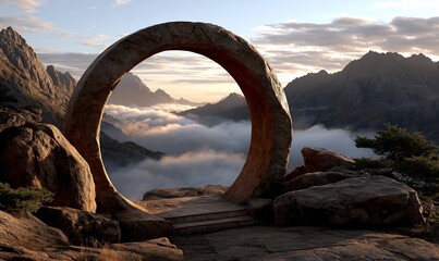 Stone archway overlooks a majestic mountainous landscape with clouds. The sky glows at dusk
