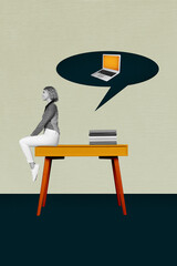 Poster visual collage of person sit table desk with book think mind cloud gadget on khaki background