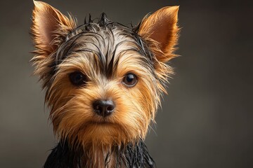 Fototapeta premium Cute wet Yorkshire Terrier puppy close-up in a soft light background after a bath showing playful personality