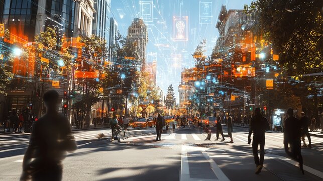 People Walking Through Urban City Street Augmented with Digital Data