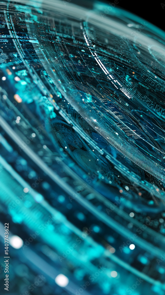Poster abstract image of teal and blue glowing lines, creating a futuristic, technological effect, symboliz