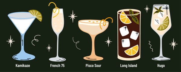 Classical alcohol cocktails vector illustrations set cartoon retro groovy funky style. Collection of various summer fancy party drinks in different shapes glasses. Long island, hugo, french 75