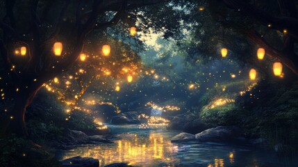 Fototapeta premium A glowing forest scene with lanterns over a gentle stream