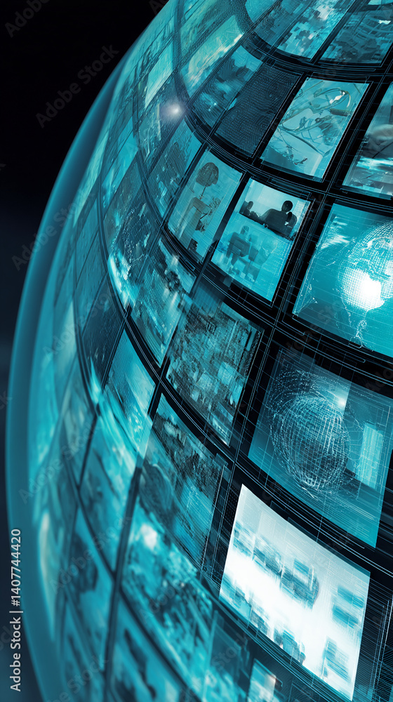 Aufkleber abstract image of a teal sphere composed of numerous small screens, showcasing global connectivity a