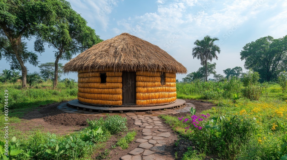 Poster A straw bale house showcases sustainable design principles in a lush green environment, reflecting a commitment to ecofutures and renewable building materials in urban architecture.