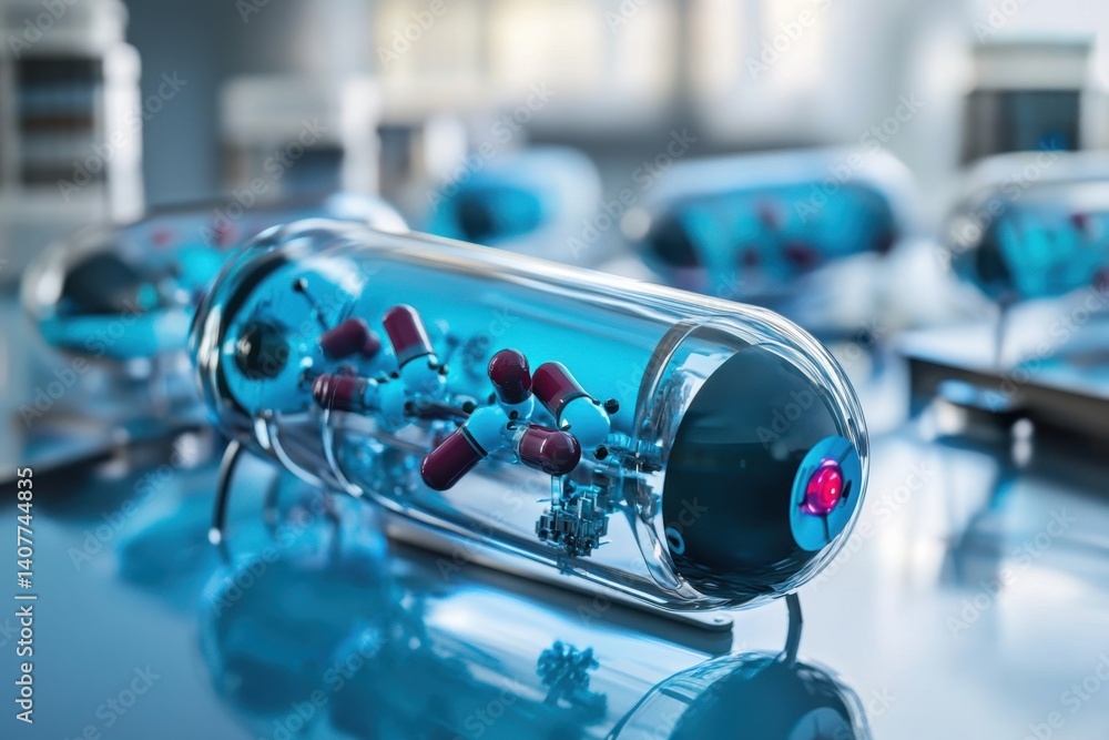 Poster modern futuristic capsules containing innovative molecular structures in laboratory setting